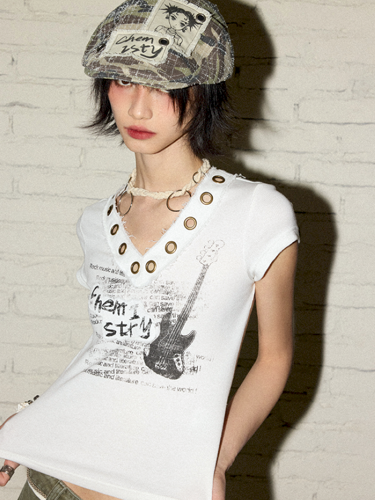 V-Neck Guitar Print Short Sleeve T-Shirt【s0000012424】