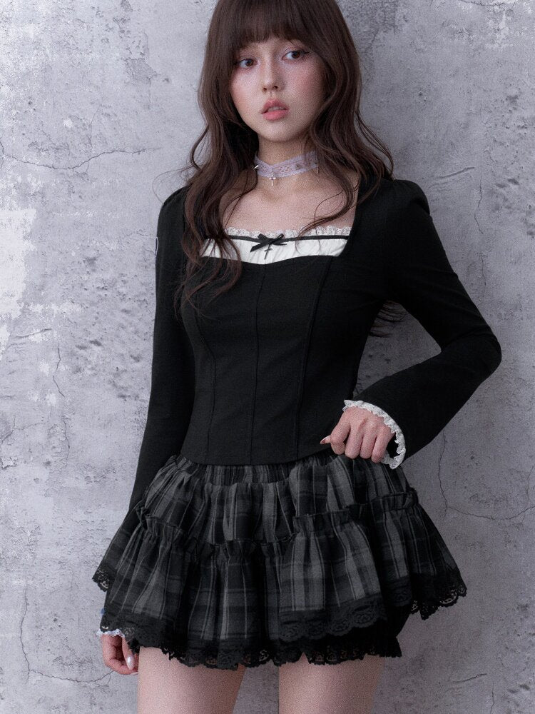 Gray-Black Plaid Puff Mini Skirt【s0000017865】