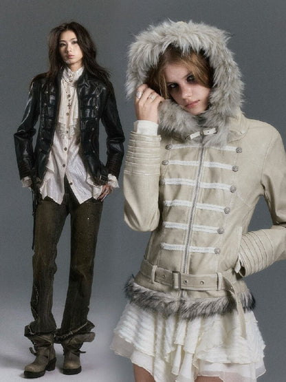 Napoleon Hooded Wool Collar Leather Coat【s0000019239】