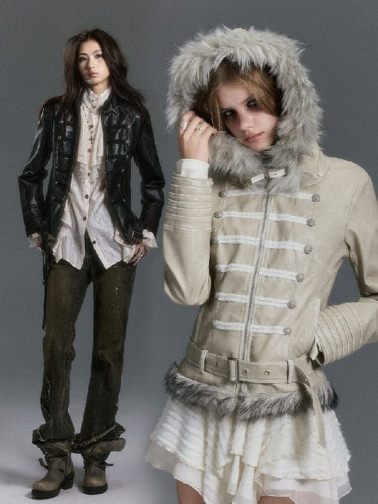 Napoleon Hooded Wool Collar Leather Coat【s0000019239】