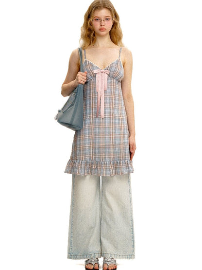 Vintage Plaid Bow Strap Top Dress【s0000017424】