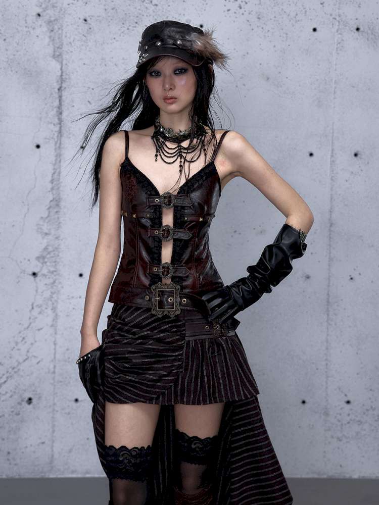 Dark Court Openwork Lace Leather Camisole【s0000014920】