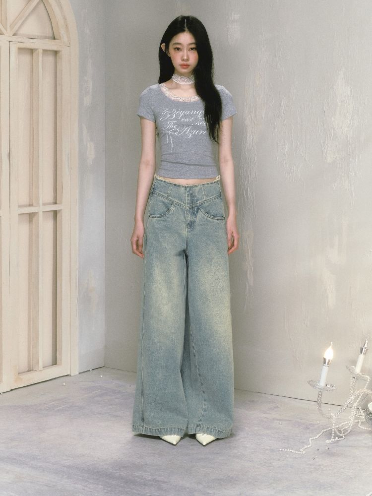 Wide-leg broken holes micro-laundry jeans【s0000012140】