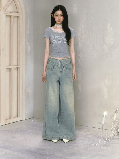 Wide-leg broken holes micro-laundry jeans【s0000012140】