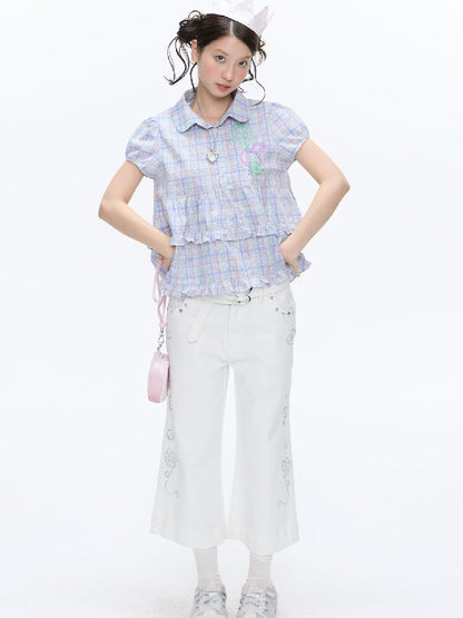Purple Plaid Lace Short Sleeve Shirt【s0000016405】