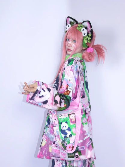 Panda Collage Print Stand Collar Long-Sleeve Top【s0000013981】