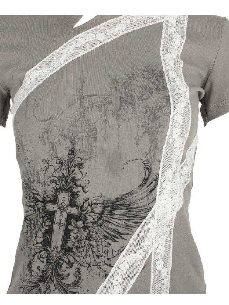 Cross Wing Print Cotton Cheongsam T-Shirt【s0000018064】