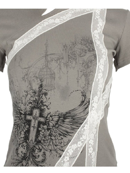 Cross Wing Print Cotton Cheongsam T-Shirt【s0000018064】