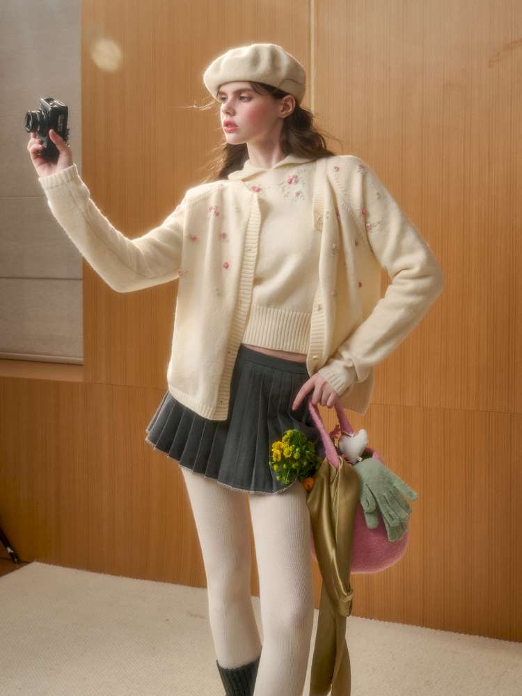 Wool Hand-Embroidered Flower Sweater Cardigan【s0000014891】