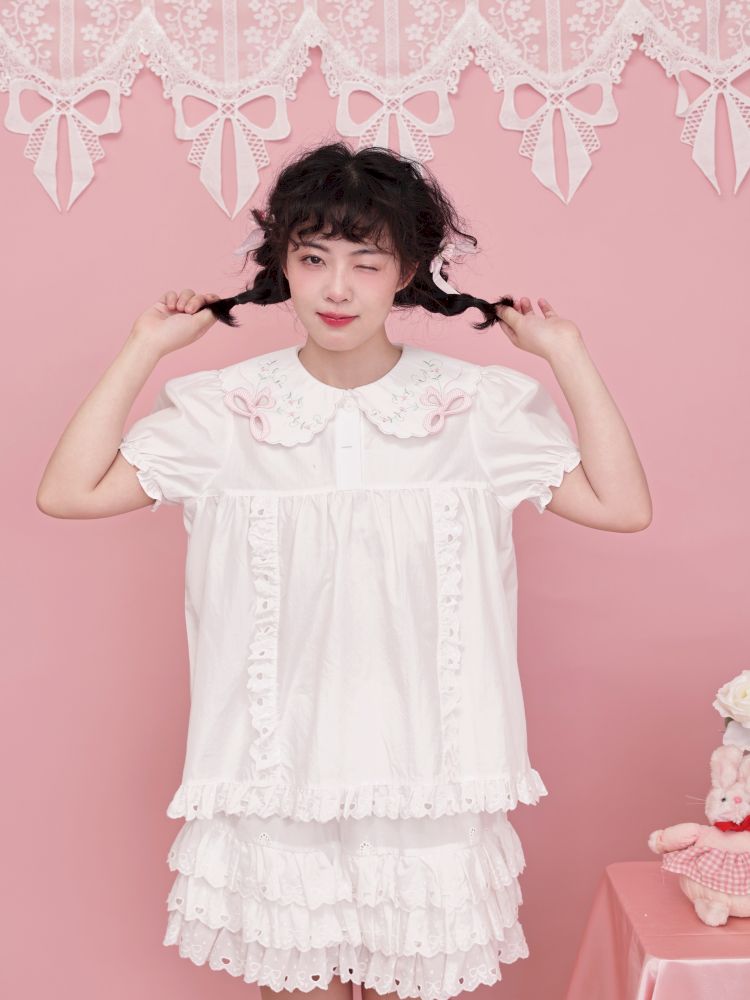 Doll collar puff sleeve lace shirt【s0000012852】