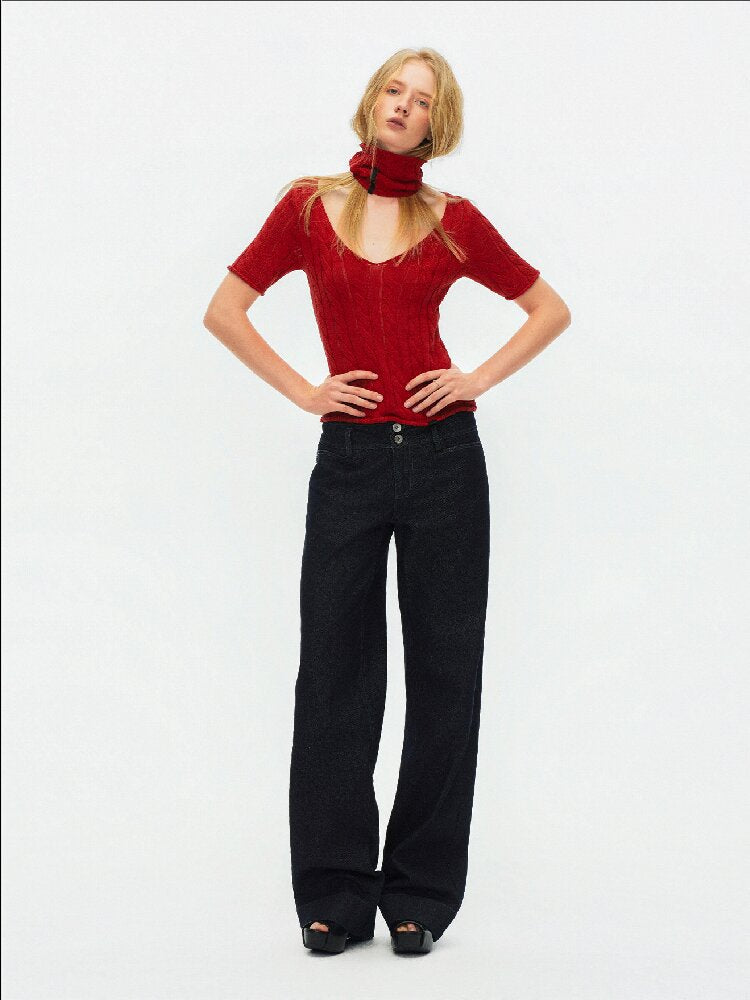 Cut Out Cable V-Neck Knit Top【s0000015928】