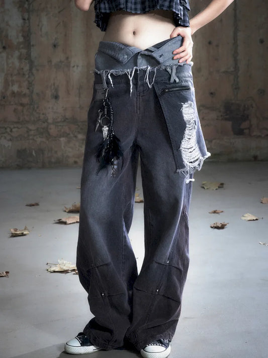 Distressed Wide-Leg Jeans【s0000013958】
