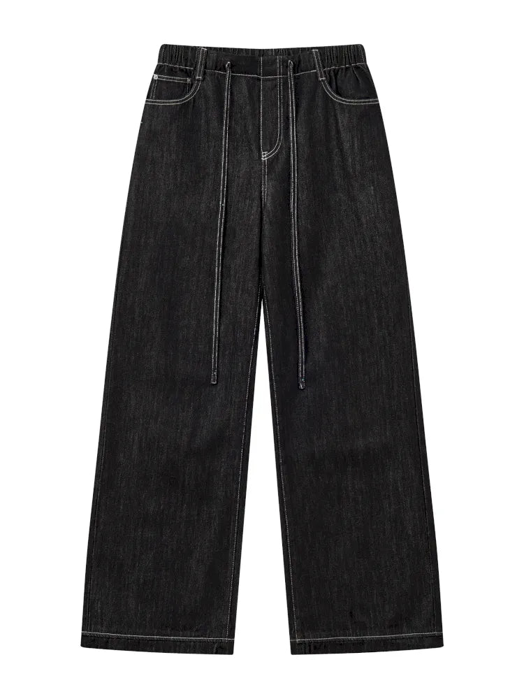 Washed elastic-waist wide-leg long jeans【s0000013990】