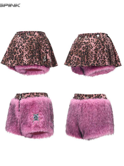 Pink Leopard Furry Miniskirt【s0000015126】