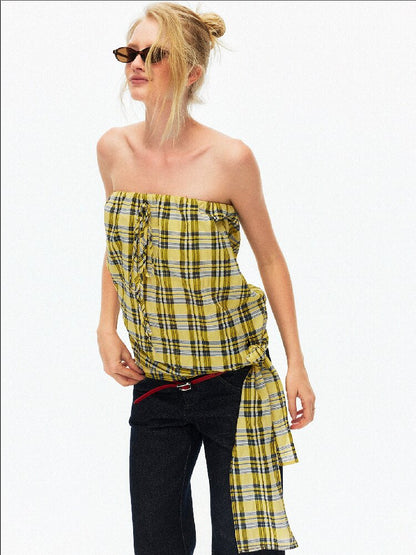 Striped Plaid Lace Up Bandeau Top【s0000015924】