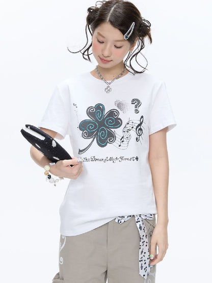 White Melody Shoulder Sleeve T-Shirt【s0000016381】