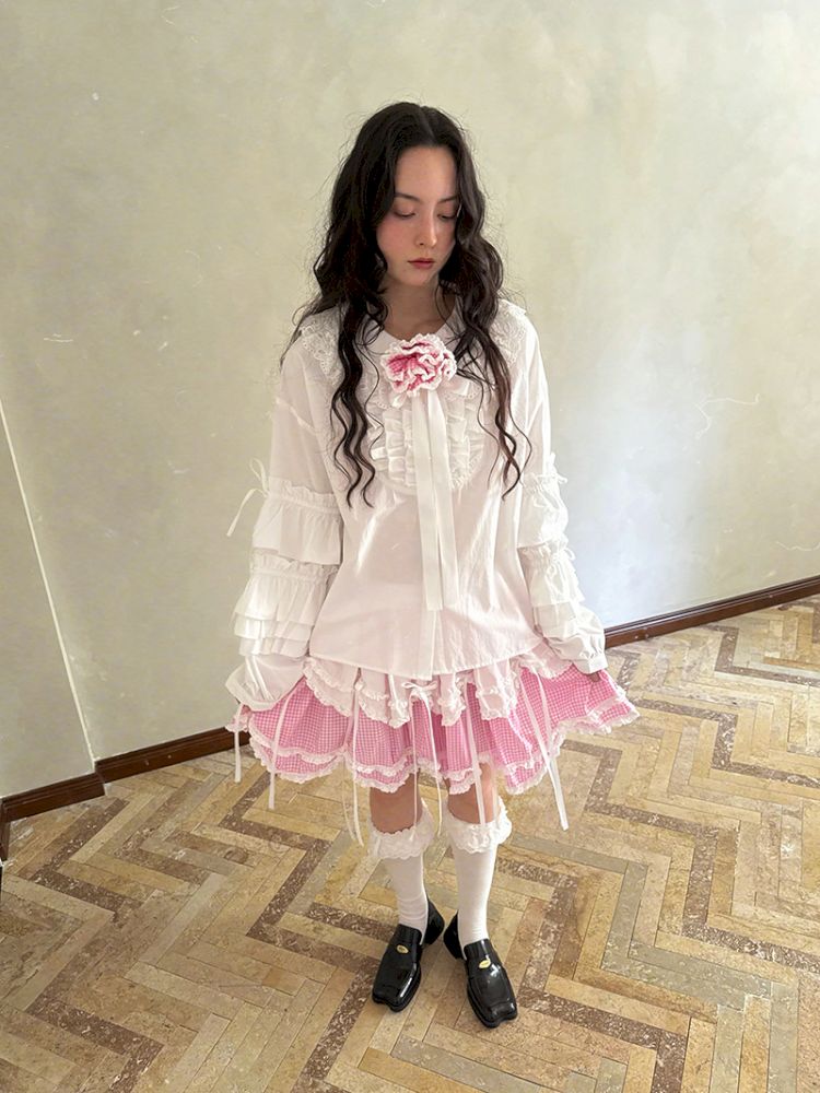 Pink checkered lace trim long-sleeved shirt【s0000012761】