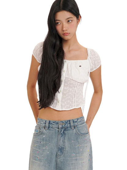 Stretch large neckline short-sleeved cardigan top【s0000013448】