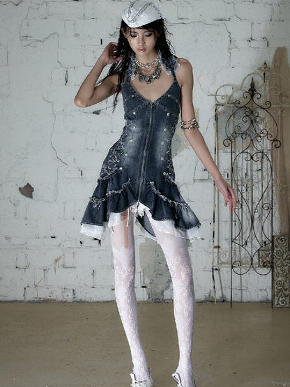 Court Embroidered Denim Mermaid Dress【s0000016983】
