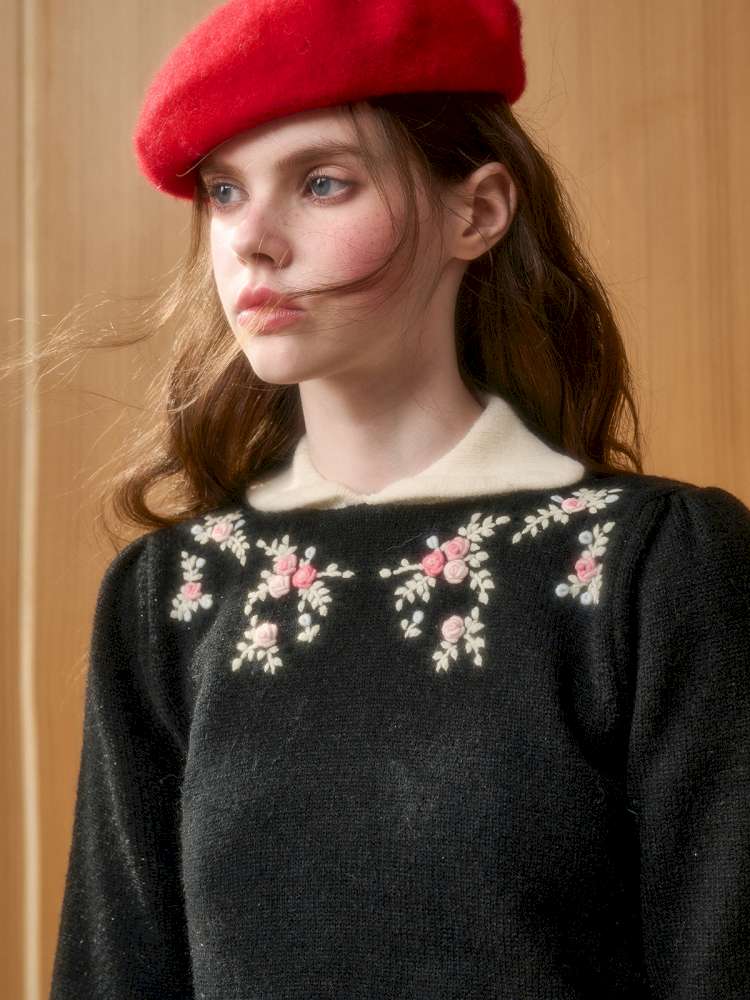 Wool Warm Hand-Embroidered Doll Collar Knit【s0000014893】