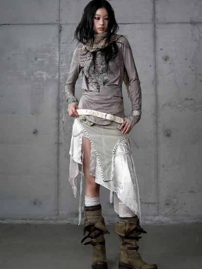 Asymmetric Leather-Satin Skirt【s0000013944】