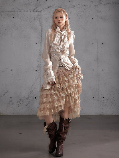 Ruffled Lace Satin Silk Shirt【s0000019157】
