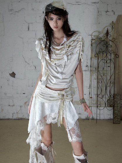 Foil Chain Print Asymmetrical T-Shirt【s0000016979】