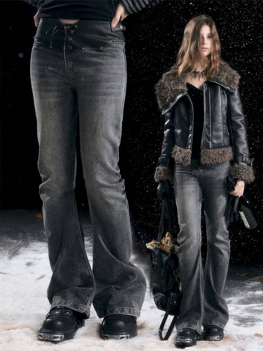 Leather-Trimmed Patchwork Pleated Jeans【s0000014424】