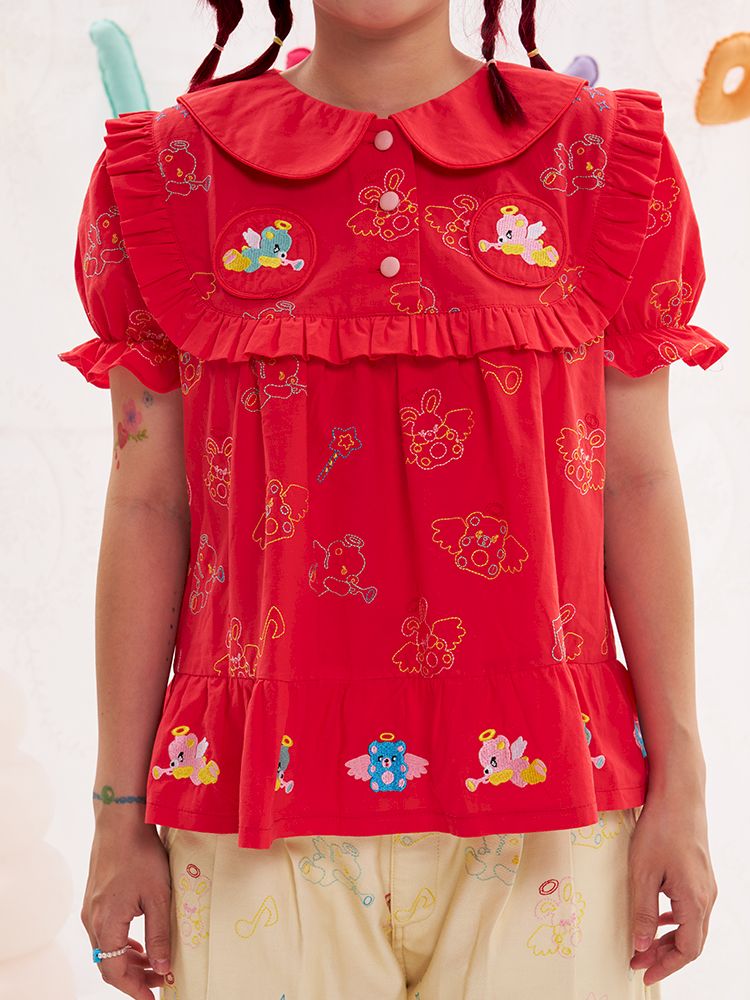 Animal angel heavy embroidery red doll shirt【s0000013184】