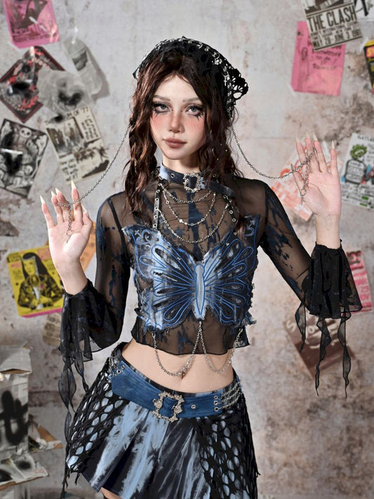 Butterfly Breast Plunge Mesh Bottom Shirt【s0000013506】