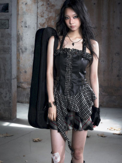 Patchwork Lattice Waisted Dress【s0000013889】