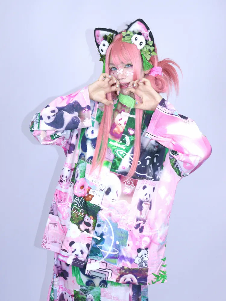 Panda Collage Print Stand Collar Long-Sleeve Top【s0000013981】