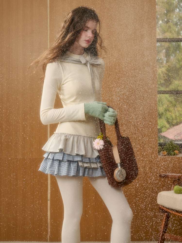 Organic Cotton Lake Blue Spliced Pleated Skirt【s0000014889】