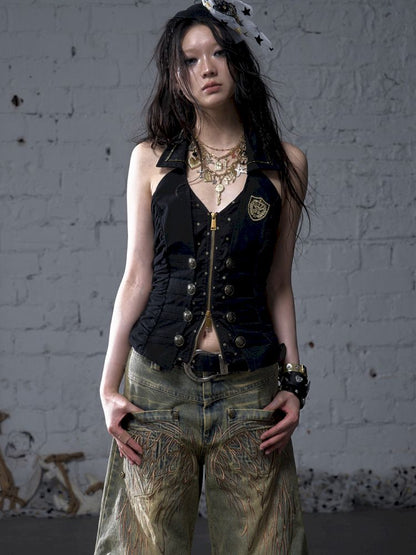 Slimming faux two-piece vest halter top【s0000012798】