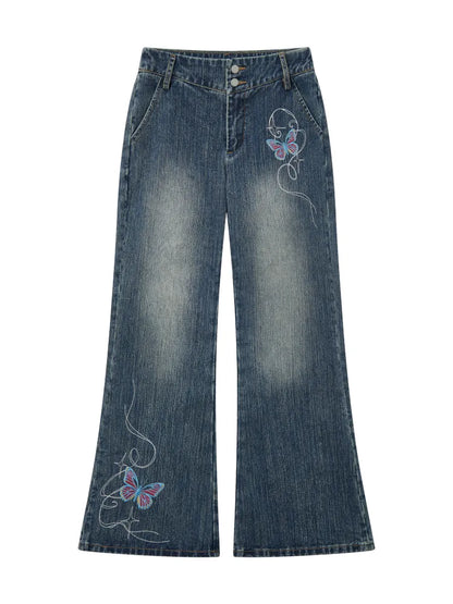 Butterfly Embroidered Slightly Flared Jeans【s0000013987】