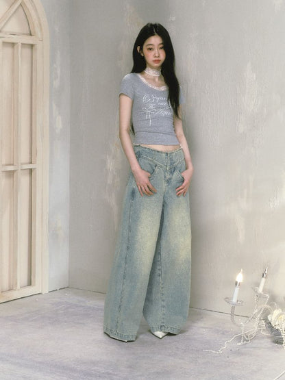 Wide-leg broken holes micro-laundry jeans【s0000012140】