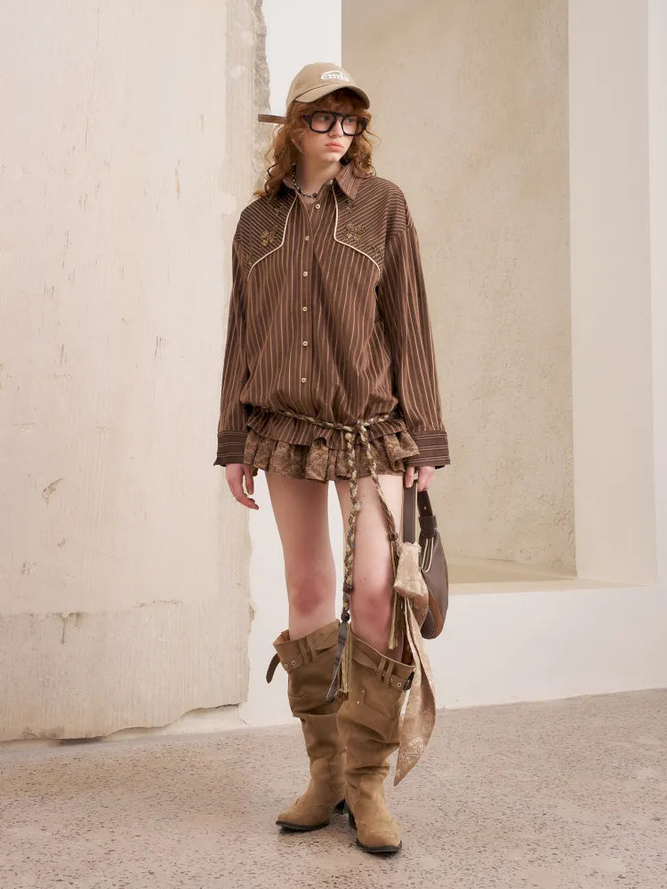 Velvet Beaded Contrast-Striped Vintage Shirt【s0000014079】