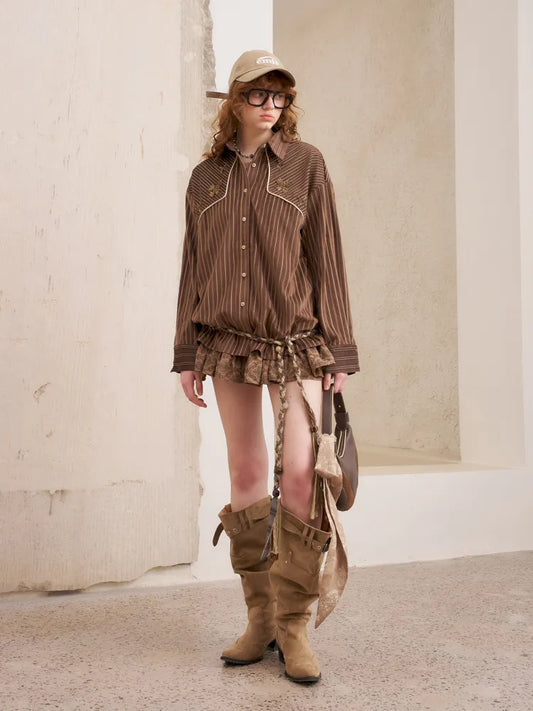 Velvet Beaded Contrast-Striped Vintage Shirt【s0000014079】