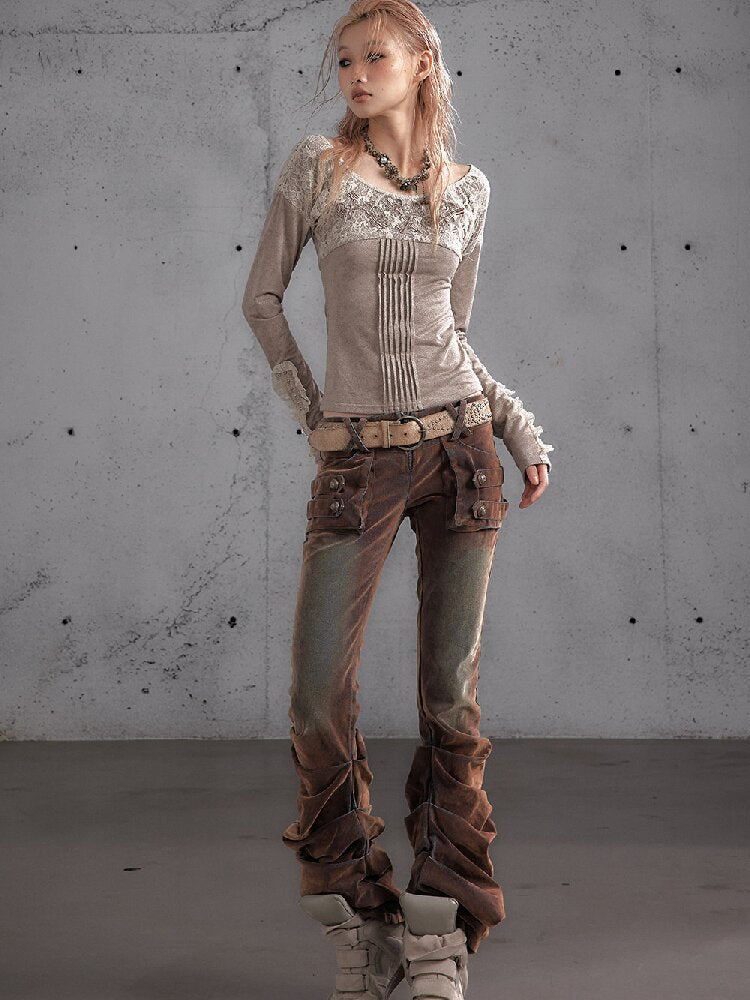 Distressed Pleated Low Rise Jeans【s0000019152】