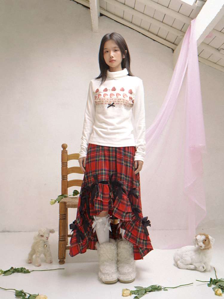 Strawberry Cake Print High-Neck T-Shirt【s0000014530】