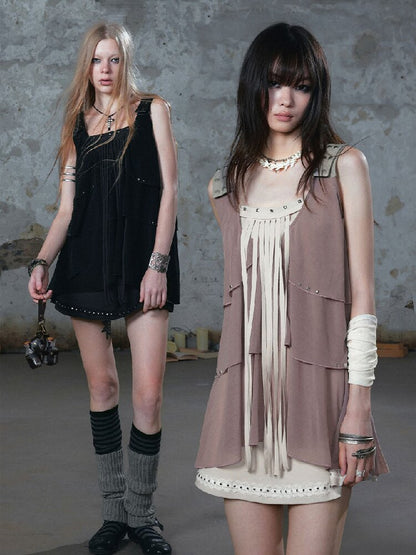 Ruffle Fringe Loose Faux Two-Piece Dress【s0000018099】