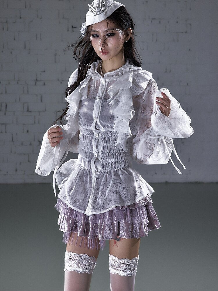 Ruffled Flocked Lace Stand Shirt【s0000016208】