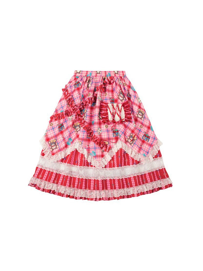 Red Pink Check Lace Skirt Blazer【s0000015574】