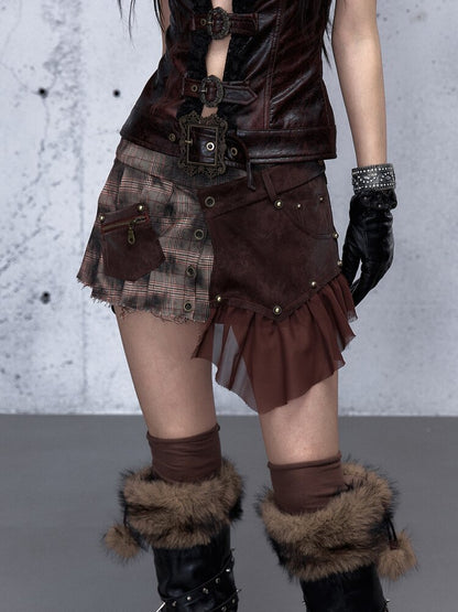 Plaid Stitching Leather Skirt【s0000015546】