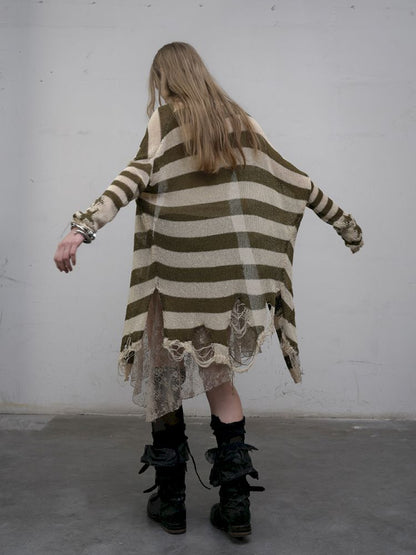 Striped knit loose bat-sleeve sunscreen hoodie【s0000012319】