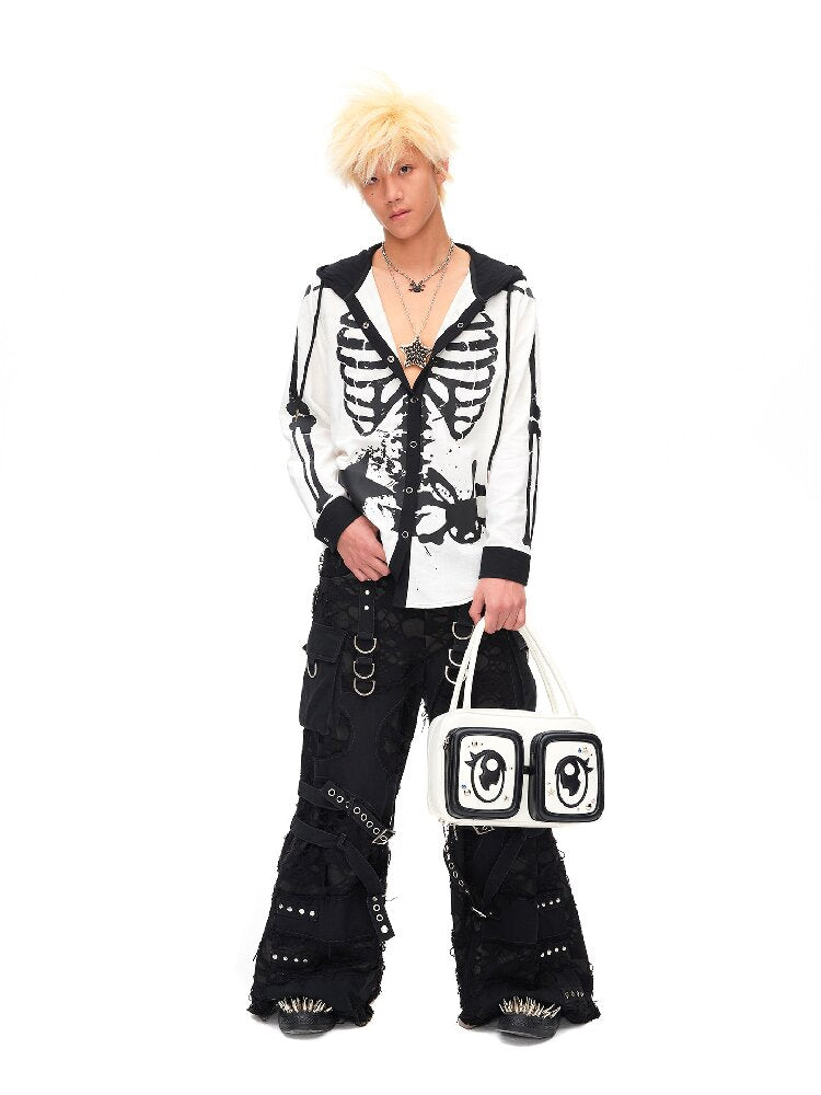 Demon Skeleton Print Hooded Shirt【s0000016054】