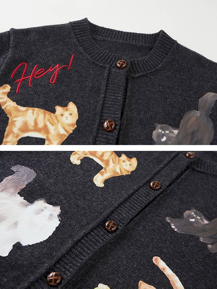 Playful Kitten Print Knit Cardigan【s0000014395】