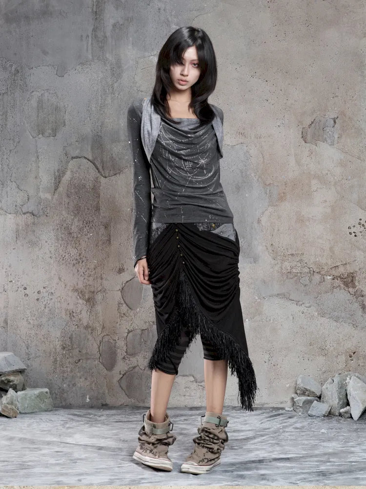 Asymmetric Knit Patchwork Drawstring Skirt【s0000014125】