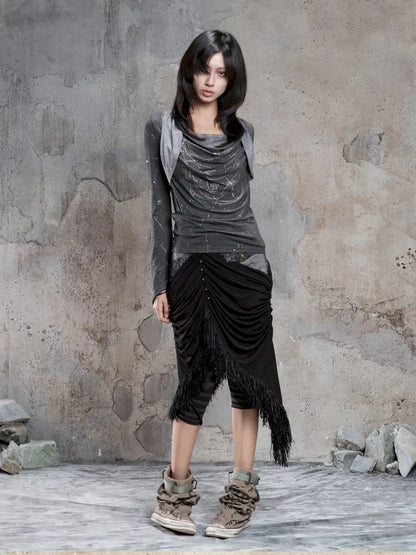 Asymmetric Knit Patchwork Drawstring Skirt【s0000014125】