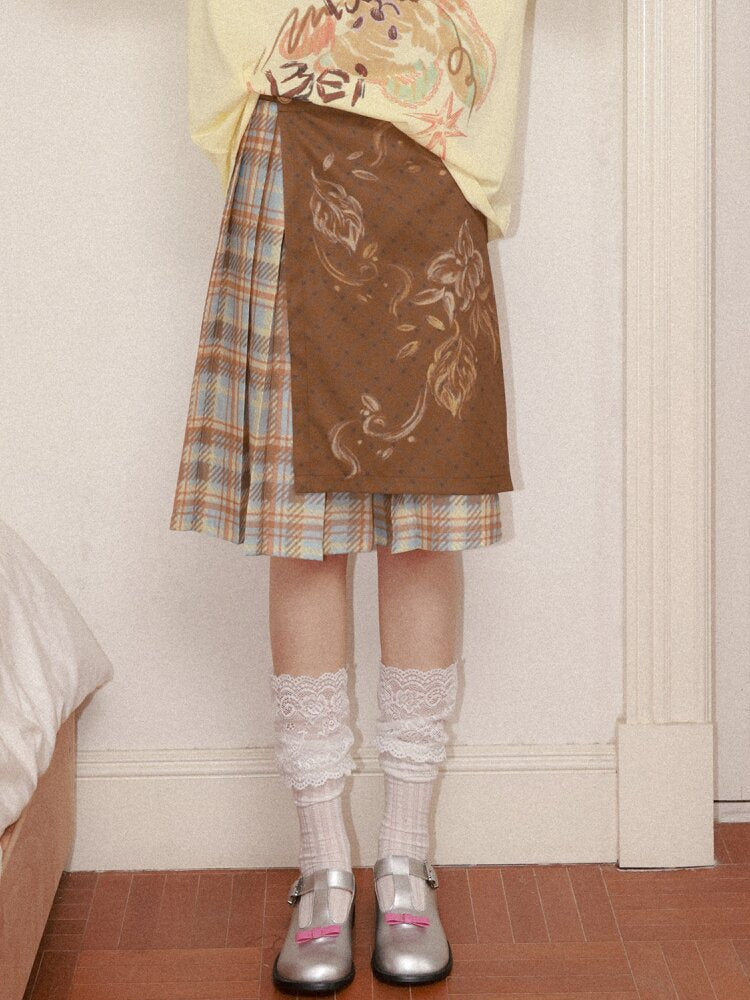 Plaid Flower Pleated Spliced Skirt【s0000015465】